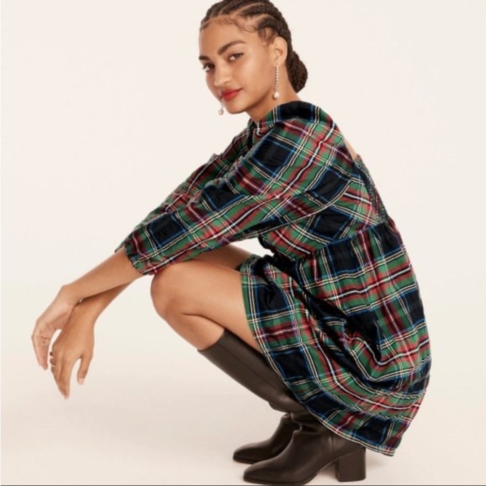 J CREW Puffed Sleeve Plaid Mini Dress Stewart Tartan Pockets Holiday Size 8 - Picture 14 of 14